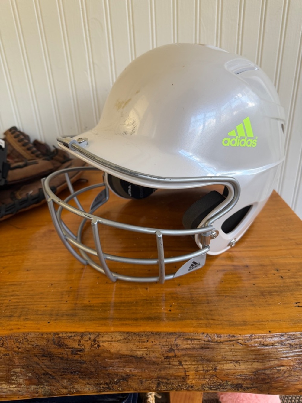 adidas White Helmet with Neon Green Logo and Silver Faceguard